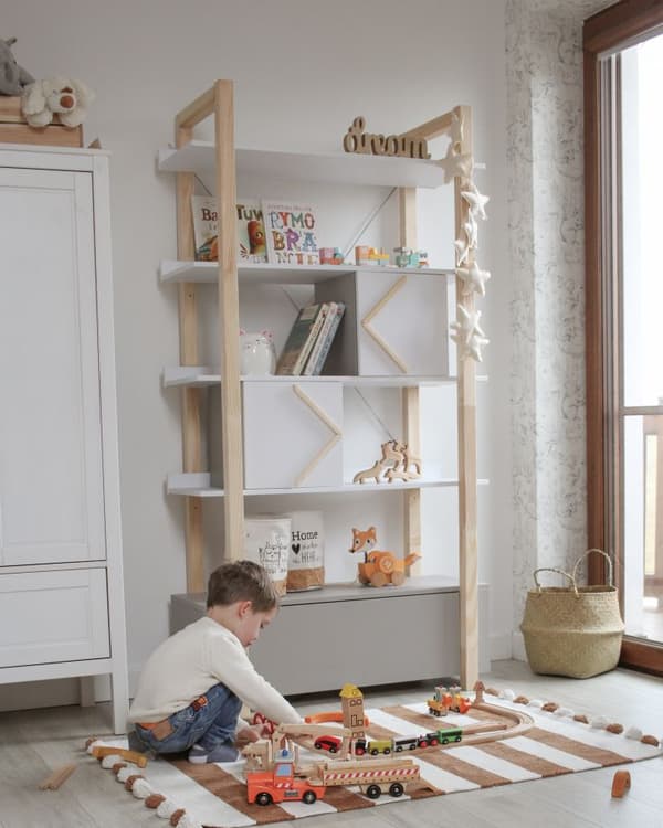 Barnbokhylla med låda och justerbara hyllor – Vit, grå eller furu – Väggmonterbar – 190 cm hög, Pinette
