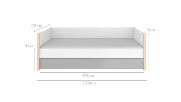 Barneseng Pinette 90x200 med opbevaringsboks - hvid/grå - skandinavisk design