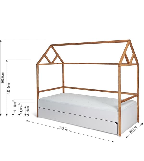 Barnsäng med Husformad Ram och Förvaringslåda - Lotta – Lämplig för Barn och Tonåringar (200x90 cm)