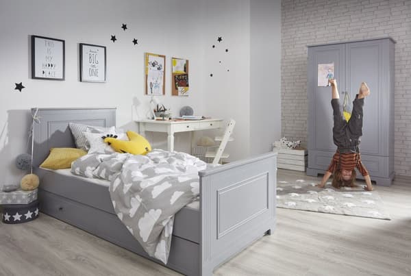 Ines juniorsäng 90x200 cm med förvaringslåda och madrass – vit/grå säng för barn, neutralgrå