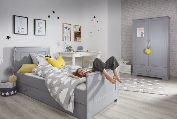 Ines juniorsäng 90x200 cm med förvaringslåda och madrass – vit/grå säng för barn, neutralgrå