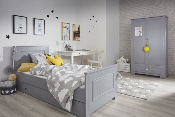 Ines juniorsäng 90x200 cm med förvaringslåda och madrass – vit/grå säng för barn, neutralgrå