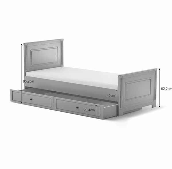 Ines juniorsäng 90x200 cm med förvaringslåda och madrass – vit/grå säng för barn, neutralgrå