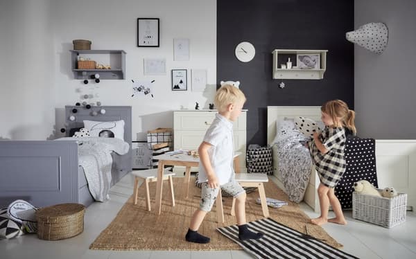 Ines juniorsäng 90x200 cm med förvaringslåda och madrass – vit/grå säng för barn, neutralgrå