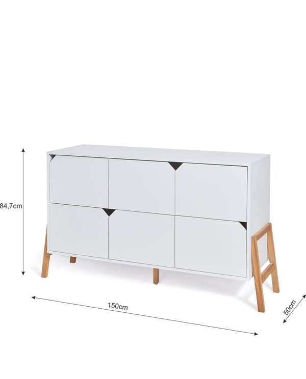 Hvid kommode med 6 skuffer og egetræsbund - kompatibel med puslebord, 150x50x85 cm, Lotta snow