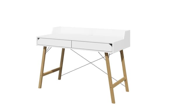 Skrivebord med 2 skuffer og kabelstyring, snehvid med egetræsben - minimalistisk design til hjemmekontoret, Very