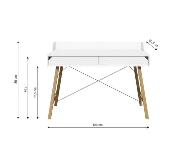 Skrivebord med 2 skuffer og kabelstyring, snehvid med egetræsben - minimalistisk design til hjemmekontoret, Very