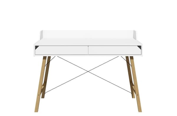 Skrivebord med 2 skuffer og kabelstyring, snehvid med egetræsben - minimalistisk design til hjemmekontoret, Very