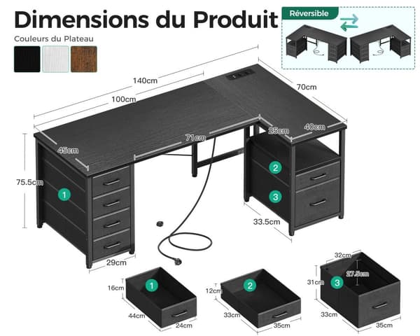 Kirjoituspöytä L-Shape AC USB LED 140 cm