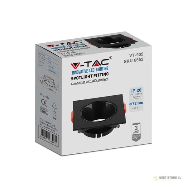 V-TAC GU10 Indbygget Firkantet Sort/Sort VT-932-B 3 års garanti