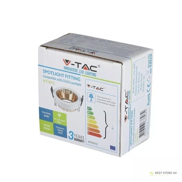 V-TAC GU10 upotettava valonheitin, valkoinen/kultainen messinki, pyöreä, VT-872-WR, 3 vuoden takuu