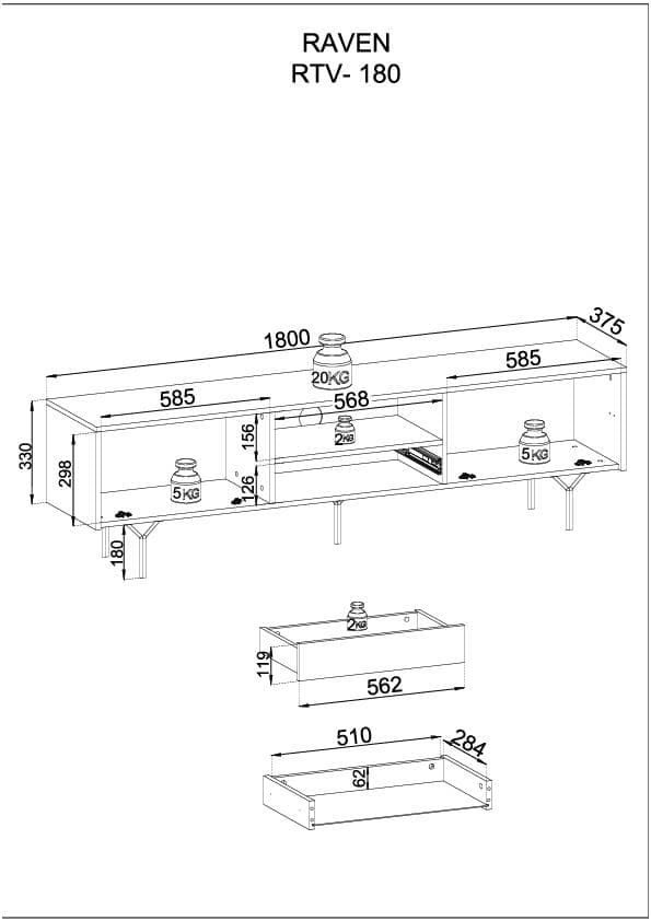 FURNLUX TV-TELINE RAVEN MUSTA 180CM