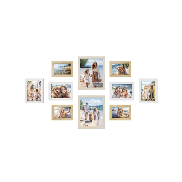 Fotorammesæt med 10 dele, naturlig egetræsfarve, skyhvid, naturlig beige