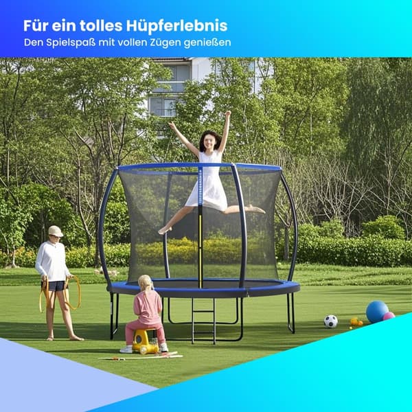 Trampoliini 305 cm d, puutarhatrampoliini turvaverkolla, 180 cm korkeat kaarevat tangot