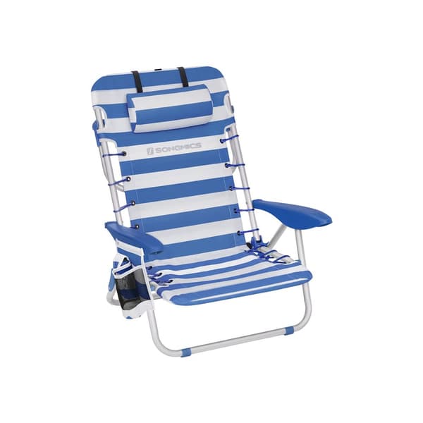 Strandstol med avtakbar nakkestøtte, sett med 2, blå og hvite striper