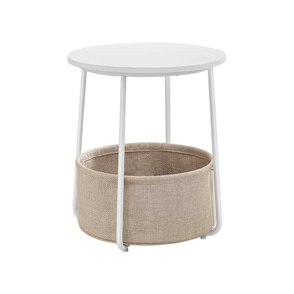 Rundt sidebord med stoffkurv