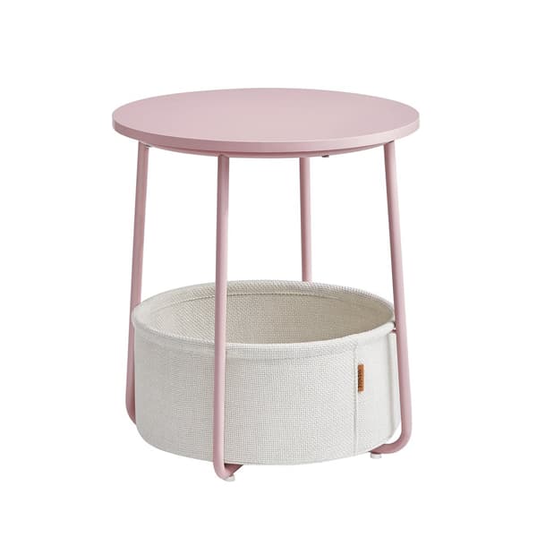 Rundt sidebord med kurv i pastelrosa og skyhvidt stof