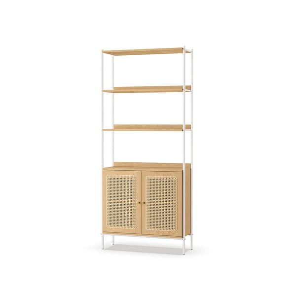 Bogreol med låger i rattan-look, beige eg og perlehvid