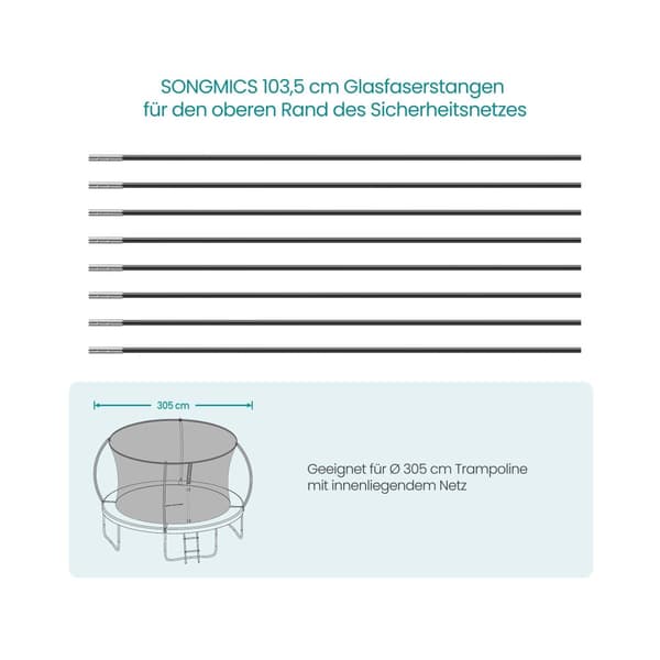 8 glasfiberstavar 103,5 cm för överkanten