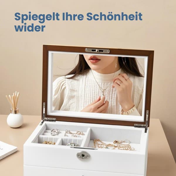Elegant smykkeskrin med hvitt speil