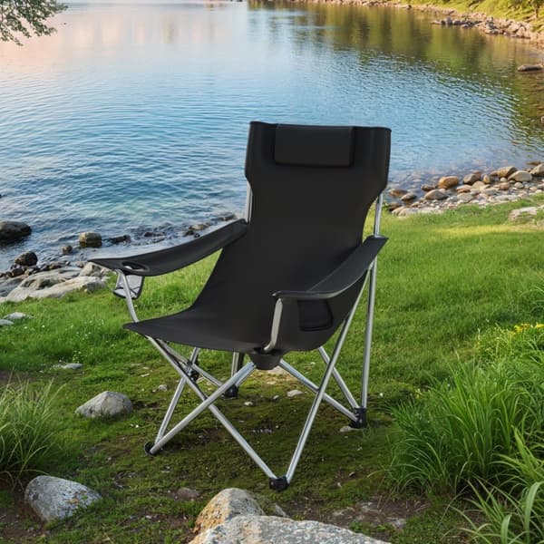 Hopfällbar campingstol med armstöd, nackstöd och mugghållare
