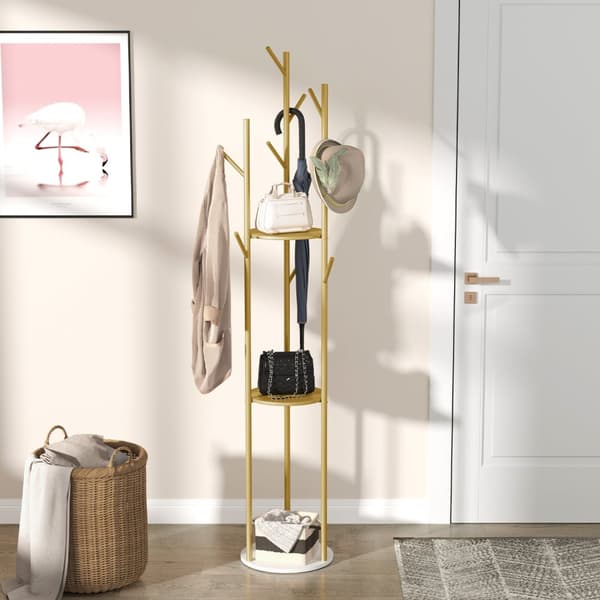 Frakkehylde, fritstående design, 3 opbevaringshylder, Guld