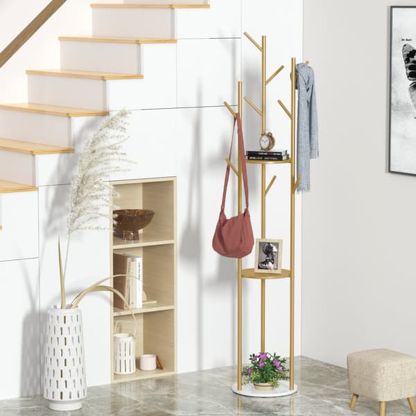 Frakkehylde, fritstående design, 3 opbevaringshylder, Guld