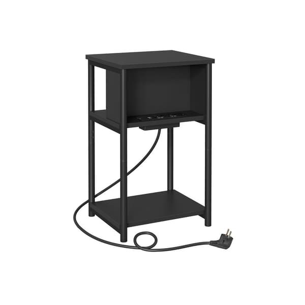 Sivupöytä, jossa kaksi verkkovirta- ja USB-porttia, musta