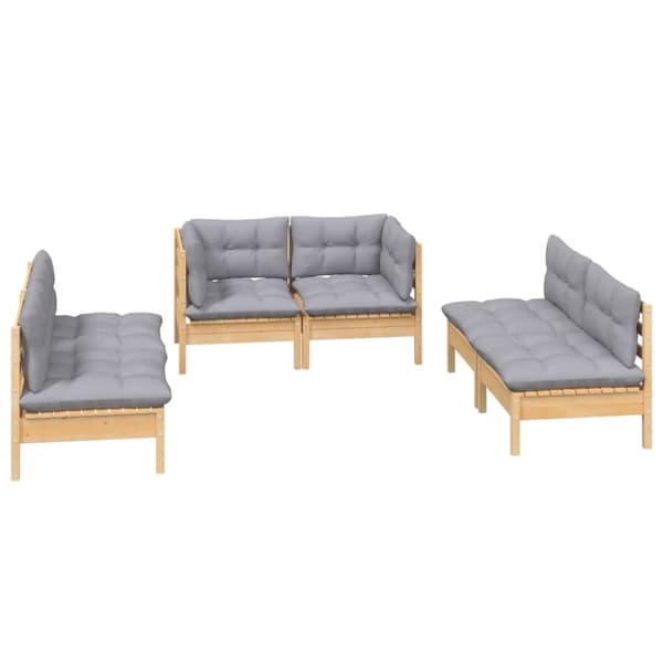 Loungegrupp med grå dynor 6 delar massiv furu