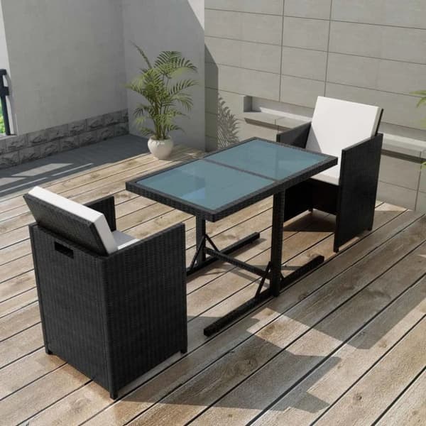bistrosæt 3 dele med hynder polyrattan sort