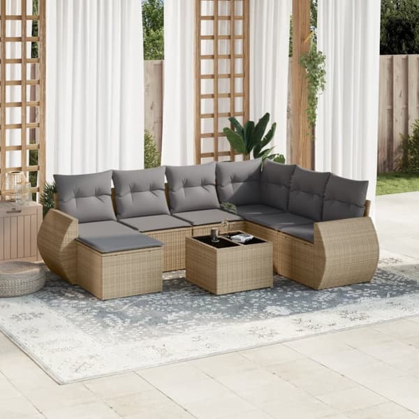 Matgrupp för trädgården med dynor 8 delar beige konstrotting