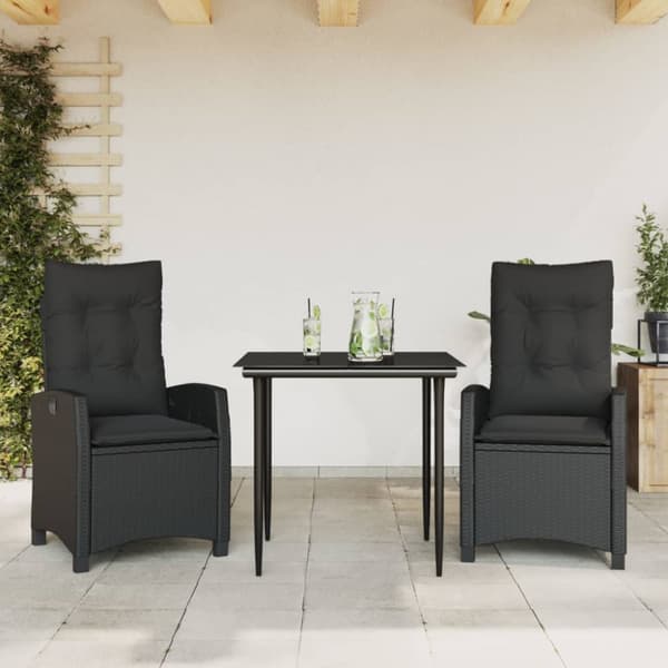 spisebordssæt til haven 3 dele med hynder polyrattan sort