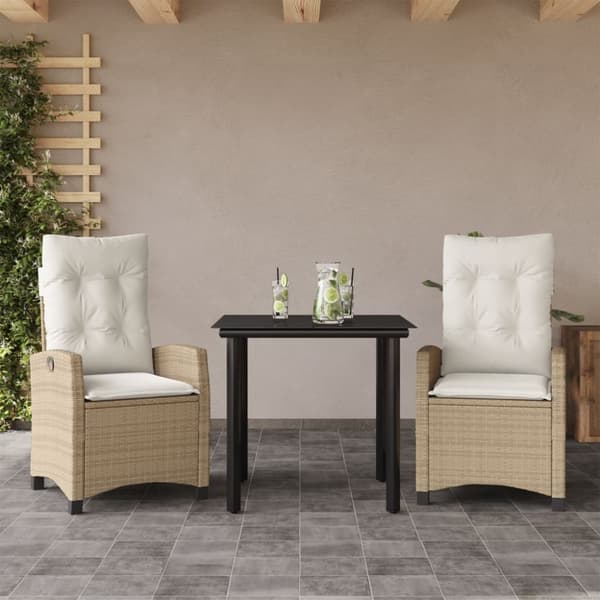 spisebordssæt til haven 3 dele med hynder polyrattan beige