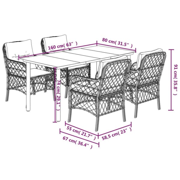spisebordssæt til haven 5 dele med hynder polyrattan beige