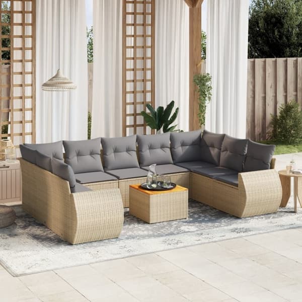 Soffgrupp för trädgård med dynor 10 delar beige konstrotting