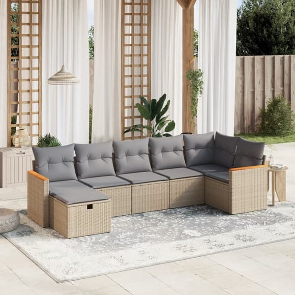 havesofasæt 7 dele med hynder polyrattan beige