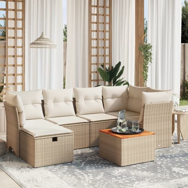 Matgrupp för trädgården med dynor 7 delar beige konstrotting