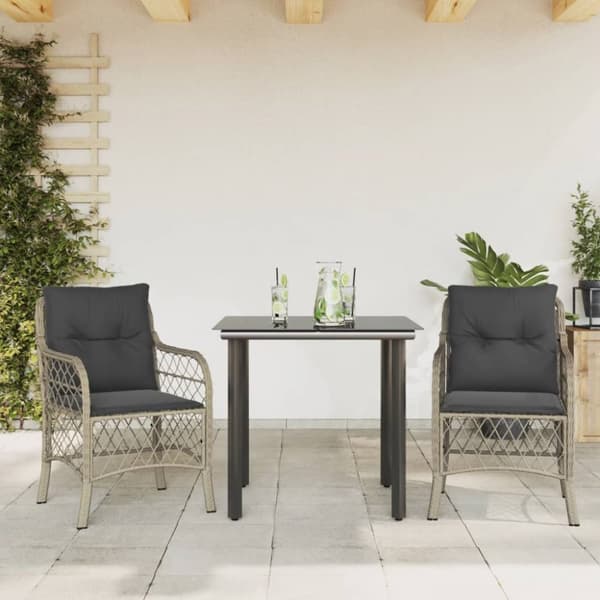 bistrosæt til haven 3 dele med hynder polyrattan lysegrå