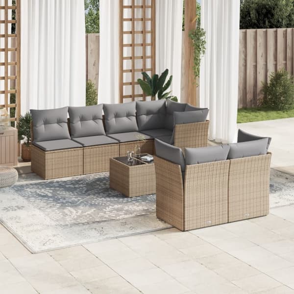 Matgrupp för trädgården med dynor 8 delar beige konstrotting