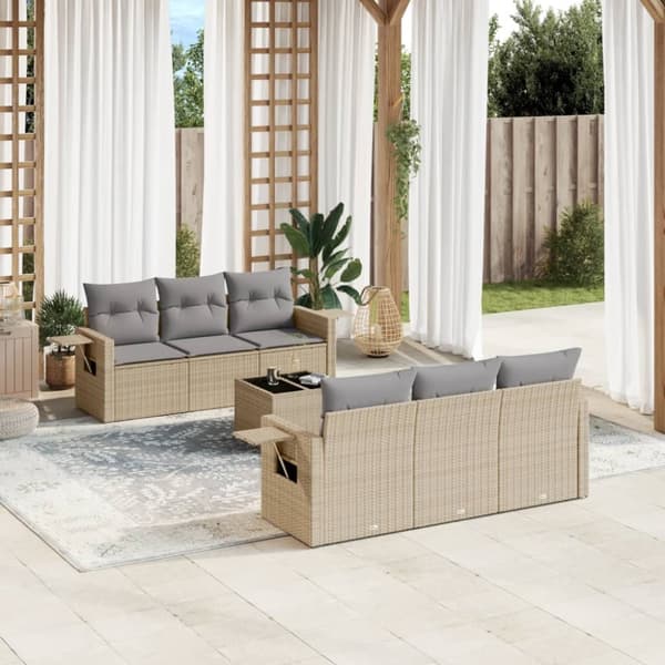 Matgrupp för trädgården med dynor 7 delar beige konstrotting