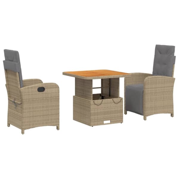 spisebordssæt til haven 3 dele med hynder polyrattan beige