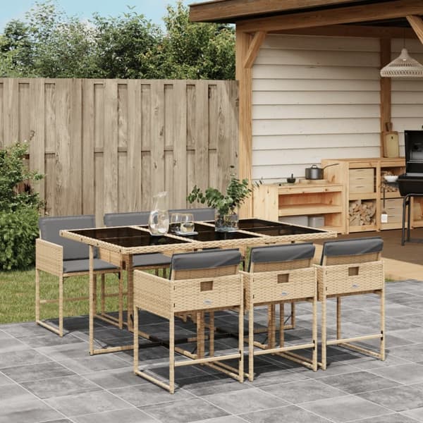 Matgrupp för trädgården med dynor 7 delar mixbeige konstrotting