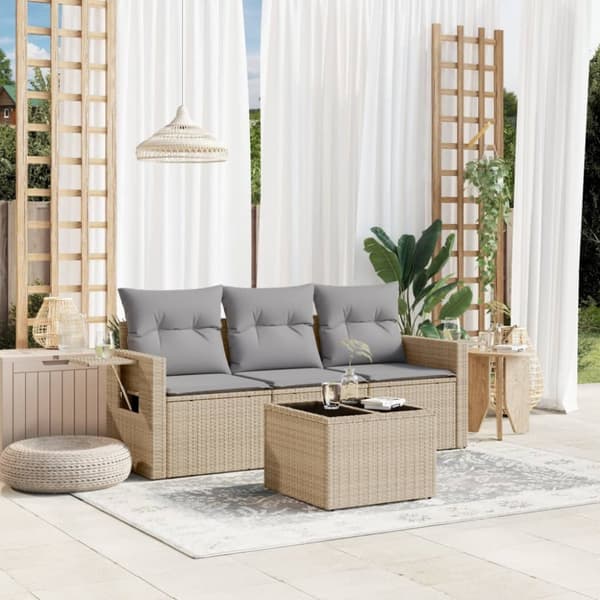 Soffgrupp för trädgård med dynor 4 delar beige konstrotting