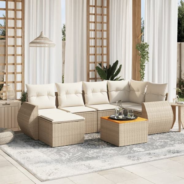 Matgrupp för trädgården med dynor 7 delar beige konstrotting