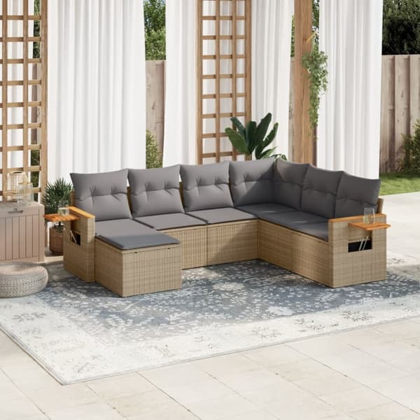 Matgrupp för trädgården med dynor 7 delar beige konstrotting