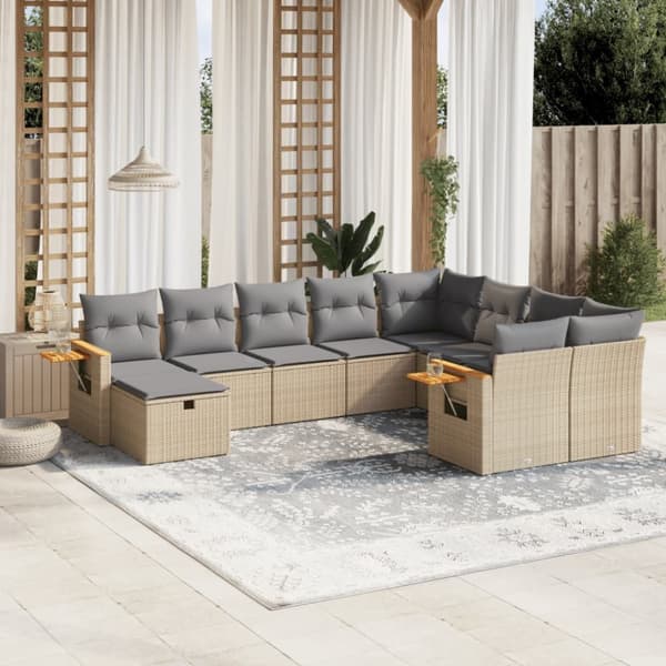 Soffgrupp för trädgård med dynor 10 delar beige konstrotting