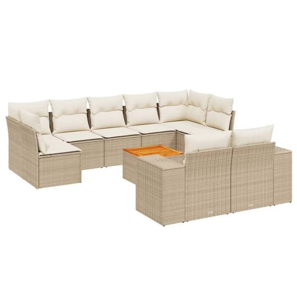 10-osainen puutarhakalustesarja tyynyillä, beige, polyrottinki