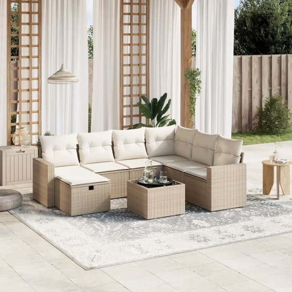 Matgrupp för trädgården med dynor 8 delar beige konstrotting