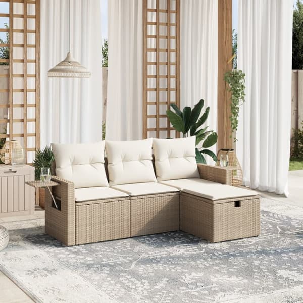 Soffgrupp för trädgård med dynor 4 delar beige konstrotting