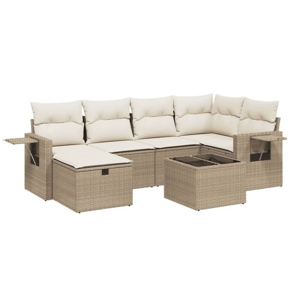 Matgrupp för trädgården med dynor 7 delar beige konstrotting